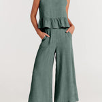 Nadorine 2 Piece Outfits Sleeveless Ruffle Tank Crop Top and Wide Leg Pants Lounge Set with Pockets