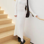 Long Sleeve Dress Crew-Neck Knit Maxi Dress Ribbed Elegant Long High Waist Pleated Dresses