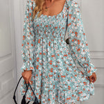 Ribbed Long Sleeve Chiffon Dress Crewneck Elegant Batwing Bohemian Floral Printed Dress