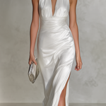 Women's Elegant White Satin Sleeveless Halter Neck Maxi Dress