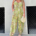 V Neck Street Daily Retro Printed Loose Fit Sleeveless Jumpsuits