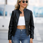 Stand Up Collar Solid Faux Leather Jacket