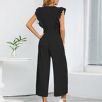 Nadorine Women's Casual Loose Jumpsuit V Neck Sleeveless Solid Ruffle Pleated Wide-leg Long Playsuit with Belt