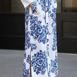 Long Sleeves Buttoned Printed Split-side Lapel Maxi Dresses Shirt Dress