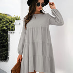 Long Puff Sleeve Shirt Dress Casual Crewneck Loose Fit Sundress Trendy Tiered Layer Summer Mini Dresses