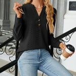 Solid Color V-Neck Buttoned Jacquard Loose-Fitting Long-Sleeved T-Shirt Top
