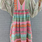 Geometric Color Block Bohemian Casual Pleated Patchwork Long-sleeved V-neck Dress