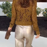 Palace Style Crochet Flower Lace Stand Neck Button Puff Sleeve Jacket