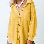 Nadorine Waffle Knit Button Down Shirt Long Sleeve Loose Solid Color Tops