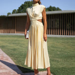 Stand Collar Solid Color Hollow Waist Long Dress
