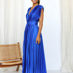 Elegant Satin Pleated V-neck Flowing Midi Dress