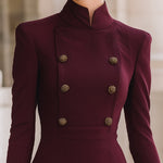 Vintage Stand Collar Double-Breasted Waist-Cinched A-Line Dress