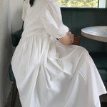 Original Loose Solid Color Pleated Puff Sleeves Midi Dress