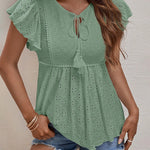 Nadorine Eyelet Tie-Neck Flutter-Sleeve Top Solid Color Casual Blouse for Women Casual Work Office Loose Fit 2026 | Under $40