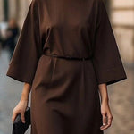 Loose Three-Quarter Sleeves Pleated Solid Color Split-Joint Round-Neck Midi Dresses