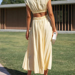 Cap Sleeve Belly-Hollow Pleated Solid Color Stand Collar Maxi Dresses