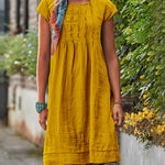 Knee Length Plain Crewneck Tunic Dress Ruched Short Sleeve Loose Pleated Sundress