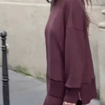 Double Soft Turtleneck Side Zipper Sweatshirt and Elastic Waist Pocketed Loose Pants Set