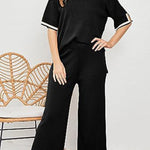 Lounge or Casual Wear Knit Patchwork Color Block Short Sleeve Top and Elastic Wide Leg Pants