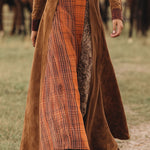 Western Retro Lace-Up Plaid Patchwork Caramel Faux Suede Maxi Dress