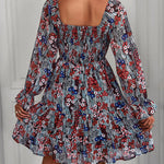 Ribbed Long Sleeve Chiffon Dress Crewneck Elegant Batwing Bohemian Floral Printed Dress