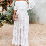 Off Shoulder Lace Maxi Dress Boho White Bridesmaid Wedding Evening Party Dresses