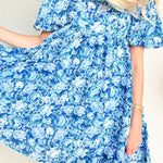 Blue Floral Puff Sleeve Babydoll Mini Dress