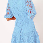 Solid Color Lace Cutout Balloon Sleeves and Waist Tie Mini Dress