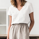 Solid Color V-neck Cotton Linen T-shirt Slim Casual Top