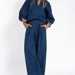 Nadorine Women's Casual Denim Two-piece Set Loose Puffed Sleeve Blouse and Wide-leg Pants
