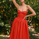 Strapless Corset Pleated Hem Prom Party Midi Dresses-Red