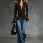 Fashion Retro Cocoa Brown Velvet V-Neck Ruffled Long-Sleeved Shirt