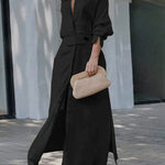 Long Sleeves Loose Split-Joint Split-Side V-Neck Maxi Dresses Shirt Dress