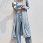 Nadorine Women's 3 Piece Outfits Lounge Scoop Neck Crop Tops High Waist Pants Open Front Cardigan Set