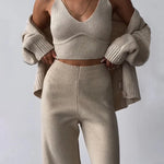 Chic V-neck Knitted Three-piece Set Crop Vest and Sweater Cardigan & Solid Wide Leg Pants