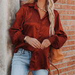 Nadorine Satin Button Down Blouse Zebra Print Lantern Casual Long Sleeve Collared Shirts Tops