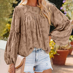 Nadorine Long Bell Sleeve Blouses Crewneck Floral Lace Textured Babydoll Shirts Tops