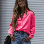 Nadorine Long Sleeve Shirts Casual Lapel Collar V Neck Single Breasted Tunic Blouse