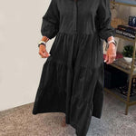 Solid Color Lapel Elastic Cuffs Loose Maxi Dress