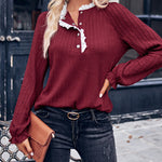 Solid Color Stand Collar Lace Long Sleeve Top Pullover