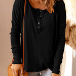 Nadorine Casual Long Sleeve T-Shirt Button Up V Neck Ribbed Knit Tunic Top