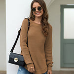 Nadorine Crew Neck Long Sleeve Slit Pullover Knit Sweater