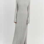 Long Sleeve Dress Crew-Neck Knit Maxi Dress Ribbed Elegant Long High Waist Pleated Dresses