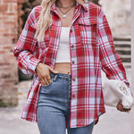 Nadorine Loose Fit Plaid Shirt Casual Long Sleeve Lapel Collar Button Tunic Tops