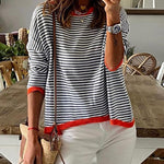 Nadorine Casual V-Neck Long-Sleeve Knit T-Shirt Stripe Color Block Knit Tops