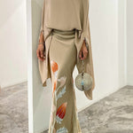 Batwing Sleeves Loose Floral Printed Split-Joint High Neck Skirt Set Two Pieces Set