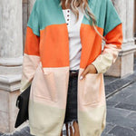Contrasting rainbow paneled striped long cardigan sweater with pockets