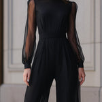 Sheer Sleeve Cinched Waist Wide-Leg Jumpsuit