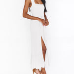 Tie-straps Ruffled Square Collar Sleeveless Slit Mid-length Dress