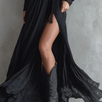 Stylish Western-style Lace-paneled Split Black Maxi Dress